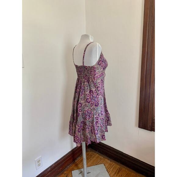 Indian VTG Silk Blend Paisley Floral Boho Sun Dress Flowing Fairy Bow Ruffle - Picture 11 of 14